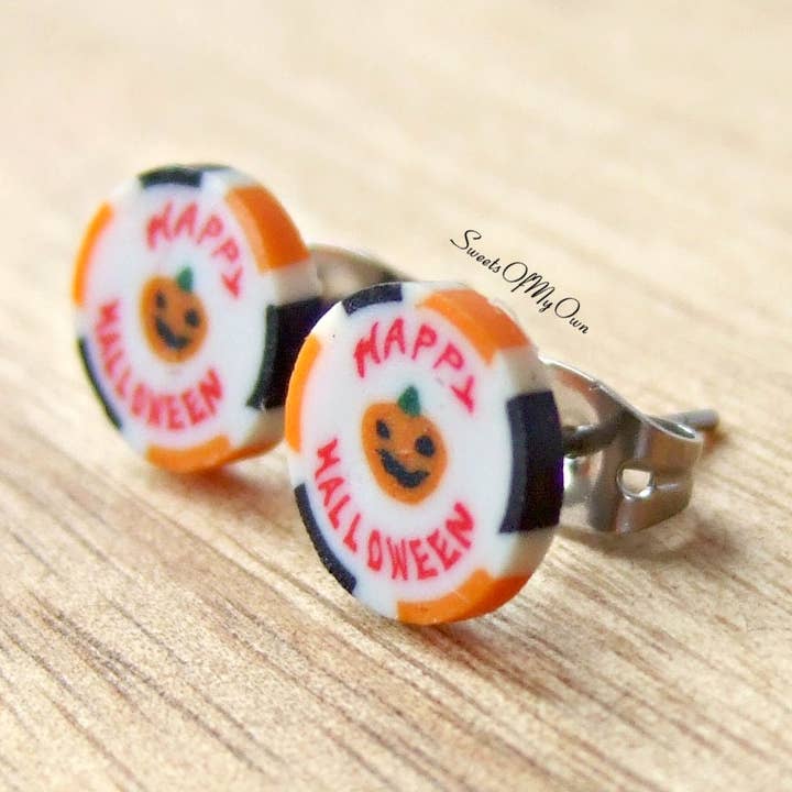Happy Halloween Pumpkin Sliced Rock Candy - Stud Earrings for wholesale by Sweetsofmyown