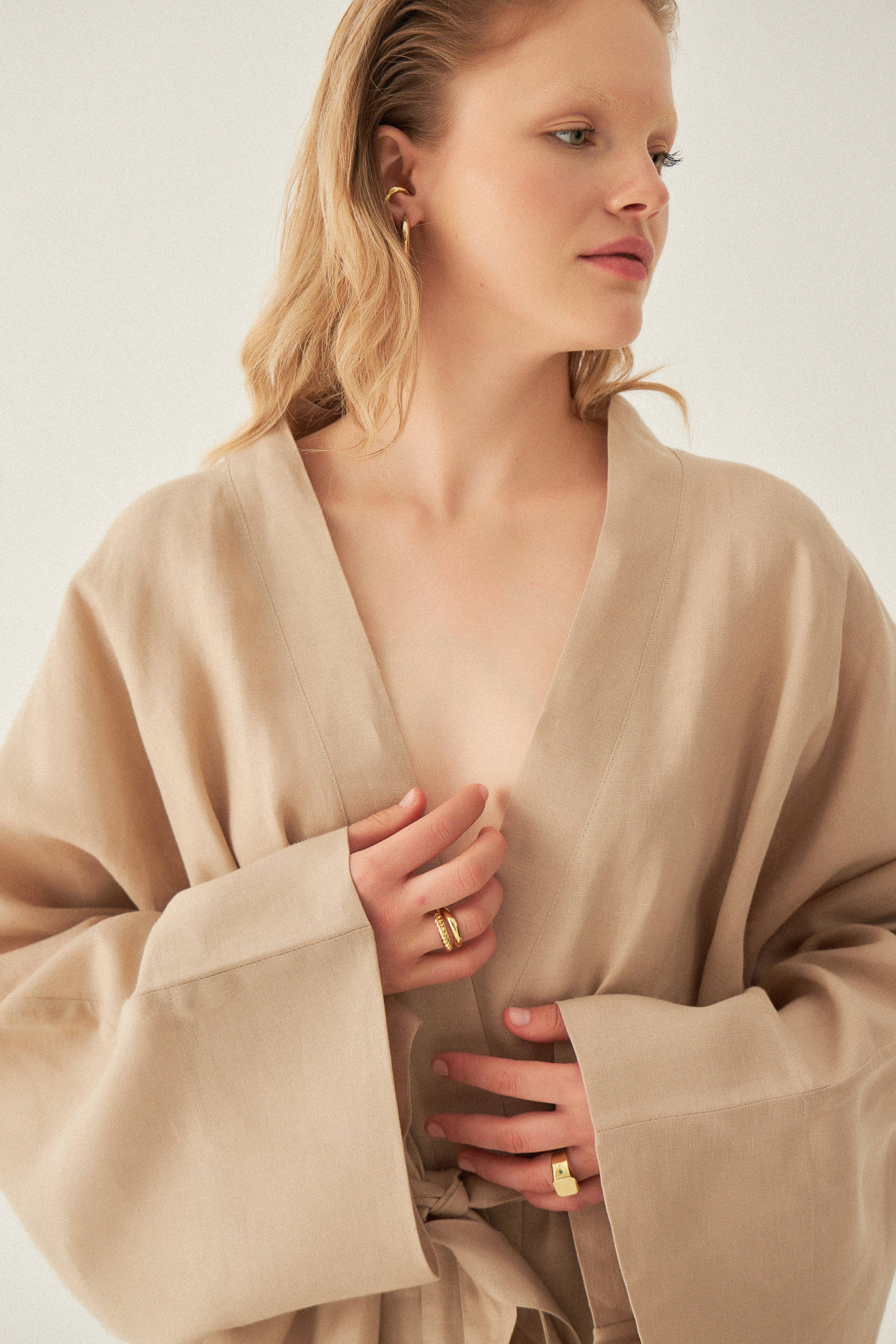 Le Cle – Kimono - Mulher por atacado – Kimono Riva em linho de corte amplo e comprimento curto12