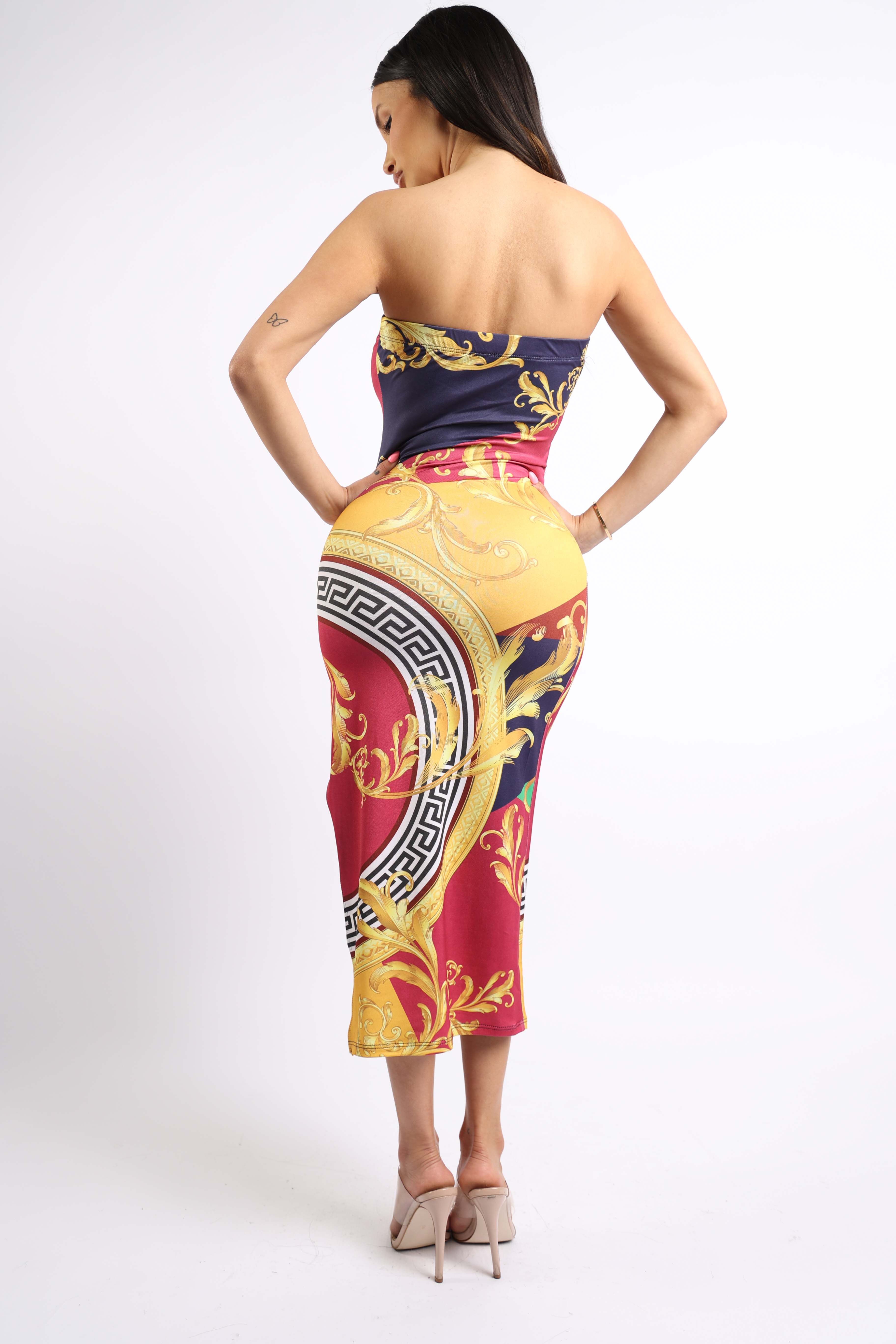 MULTI Abito a tubino stampato con allacciatura frontale e spacco in vendita all'ingrosso su Faire1