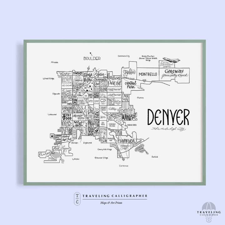 Denver, CO Nabolag Kort Udskriv for engroshandel hos Traveling Calligrapher