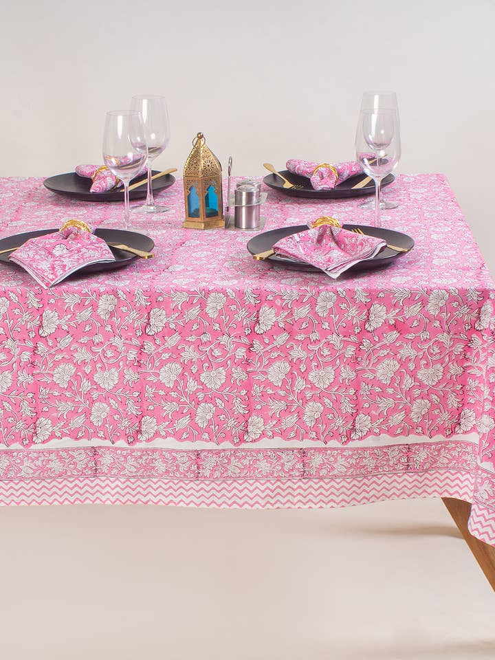 Hand Block Print White & Pink Floral Tablecloth - Rectangle for wholesale by Artsy Home