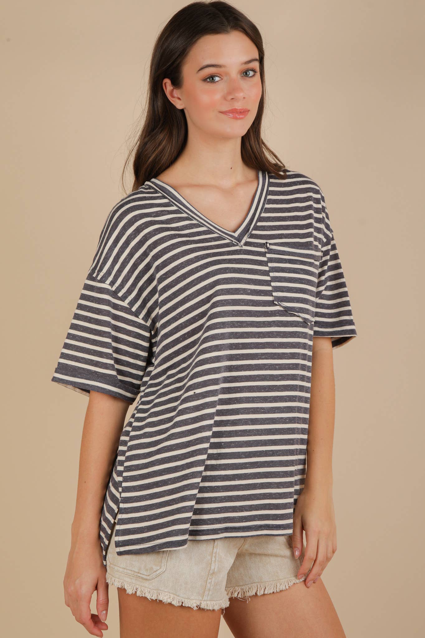 VERY J - Wholesale Knit Top - Women's - NT12167-Oversized Stripe Casual V-Neck Knit Top25