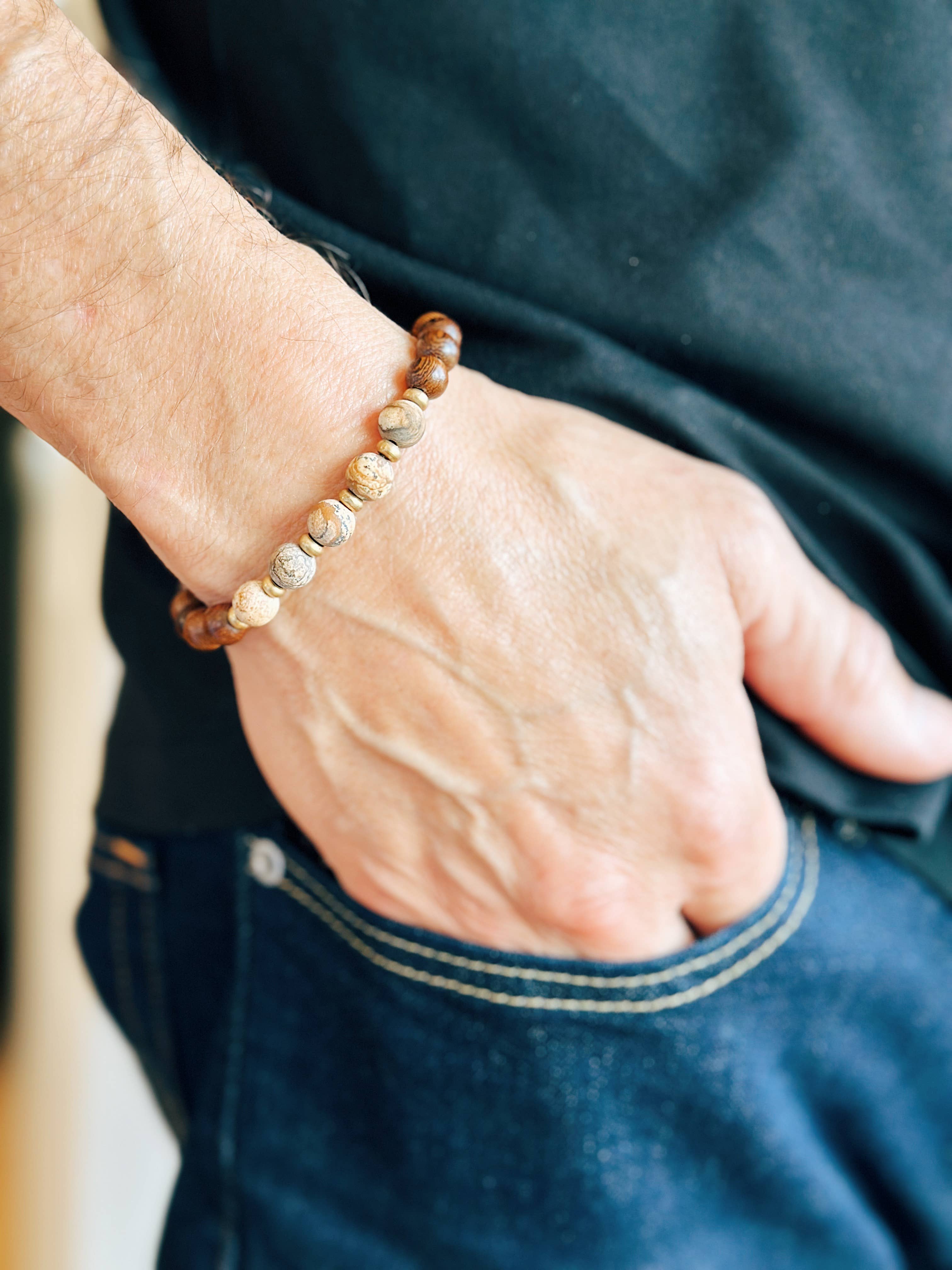 REMOVED BRAND – wholesale Pärlarmband – Jasper ädelsten + Mässing + Trä - 8 MM pärlarmband 4