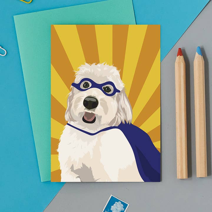 Superhero cockapoo Parker greeting card for wholesale by Lorna Syson