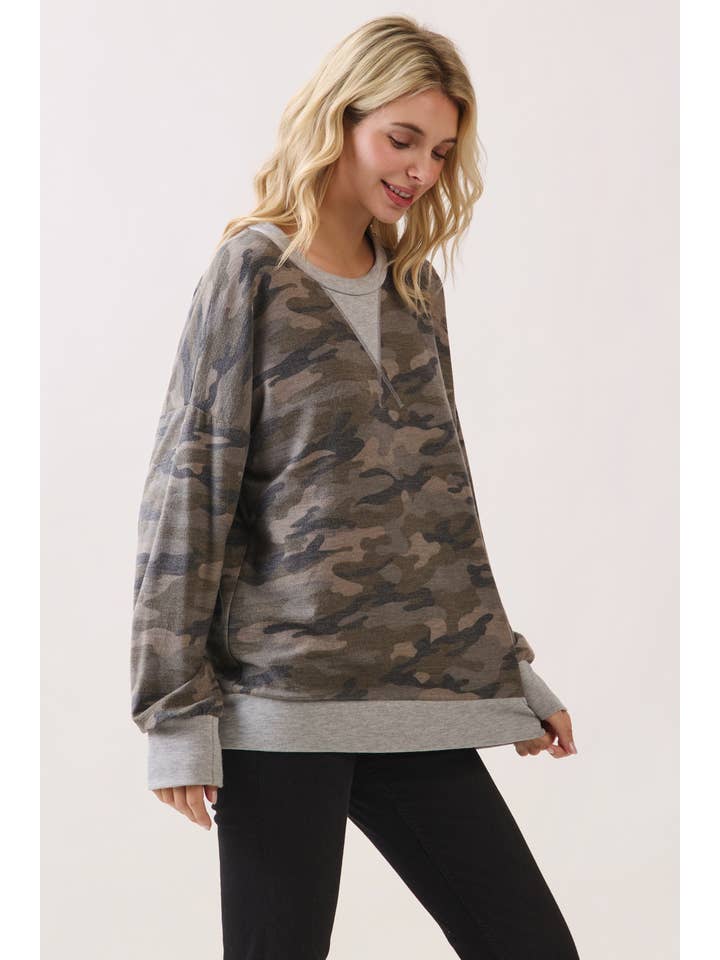 7th Ray - Wholesale Knit Top - Women's - Camo Terry Knit Pullover Top T61434
