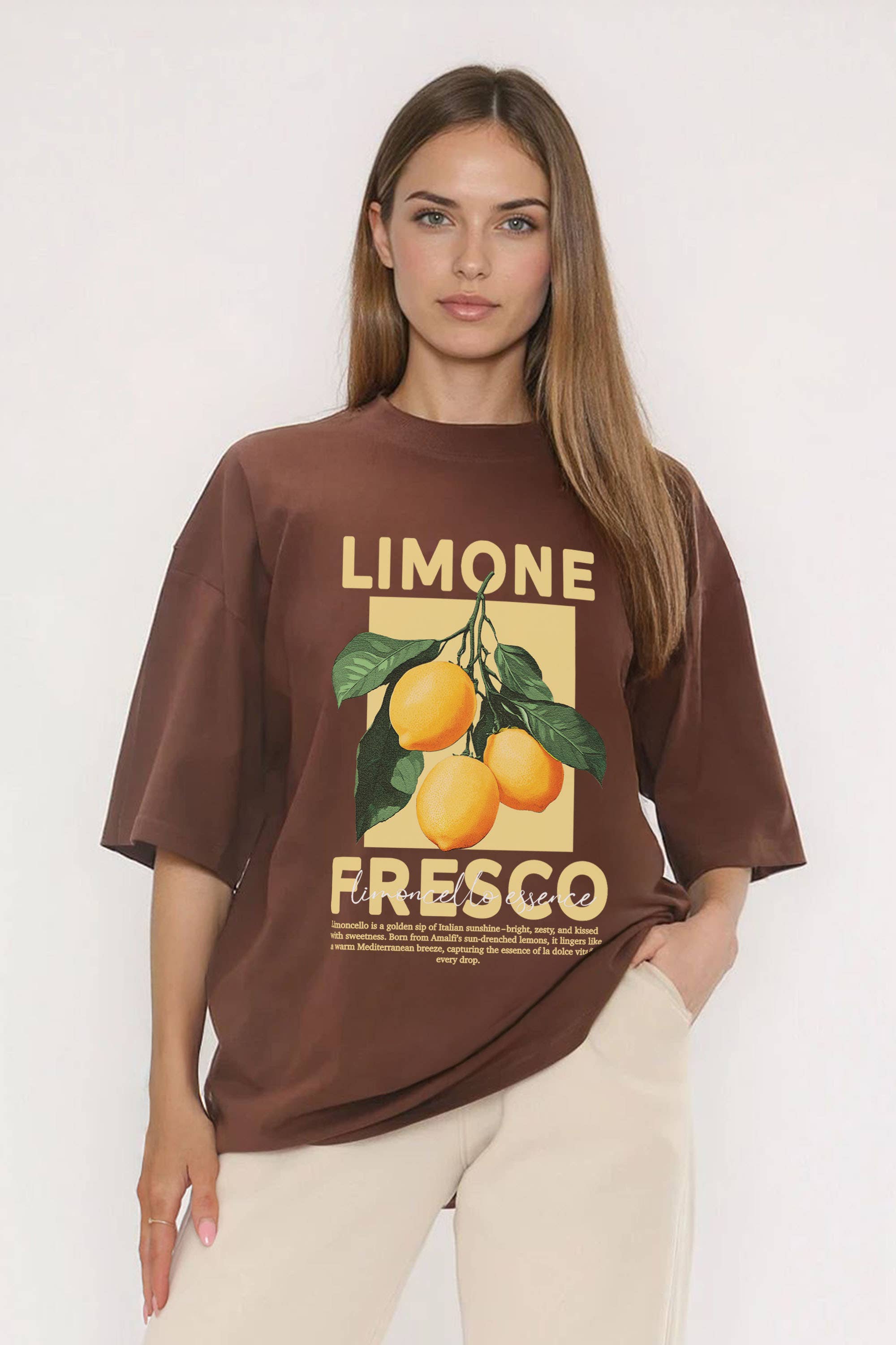 Missi Clothing – wholesale T-shirts med screentryck – Dam – Oversized t-shirt för dam i Limone Fresco citrondesign, 220 GSM0