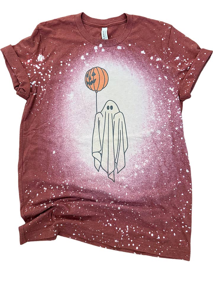 Ghost with Pumpkin Balloon Halloween Bleached Tee for wholesale by Pick Your Poison Tees LLC (Formerly Wandering Owl Designs)