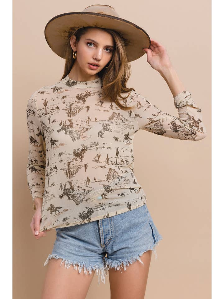 T1502-4529-Western Cowboy Print Mesh Mock Neck Top for wholesale on Faire4