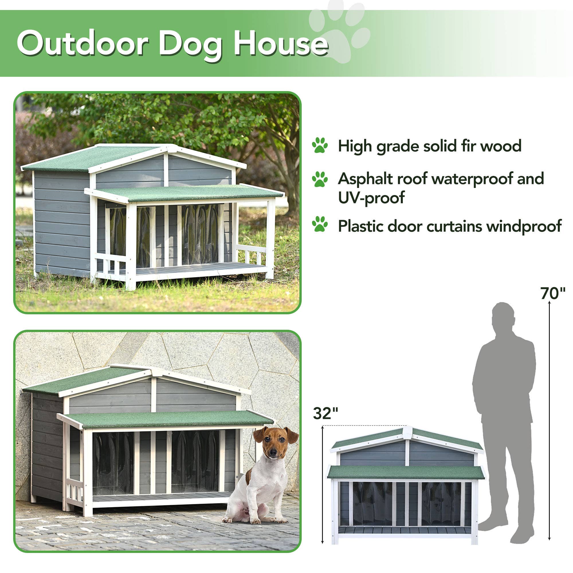 Gray Large Wooden Dog House with Porch, 2 Doors, Cabin Style for wholesale on Faire6