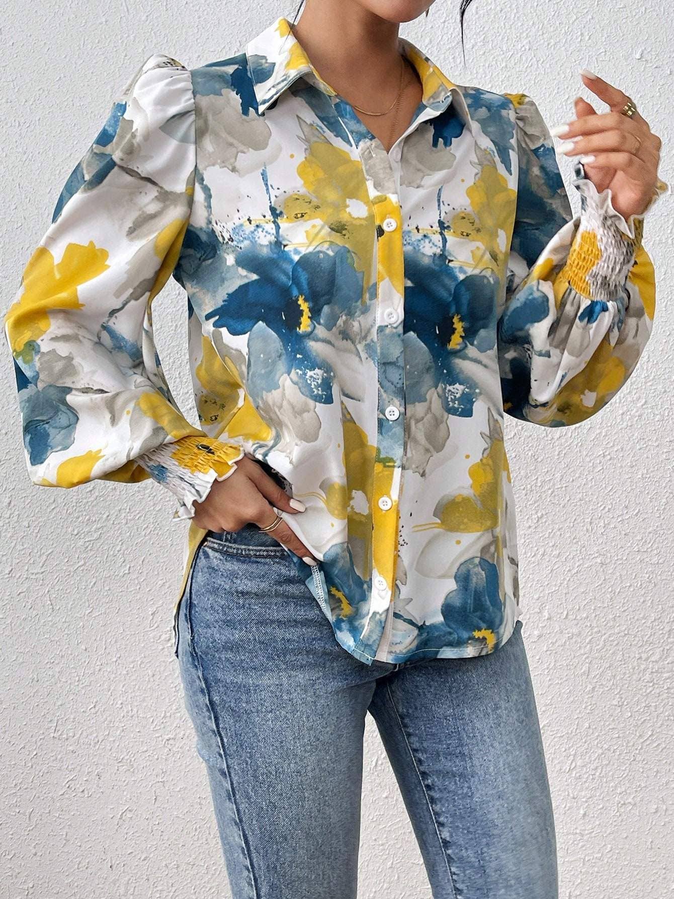 Fashion Combination - Wholesale Button Down Shirt - Women's - priv floral print lantern sleeve shirt17