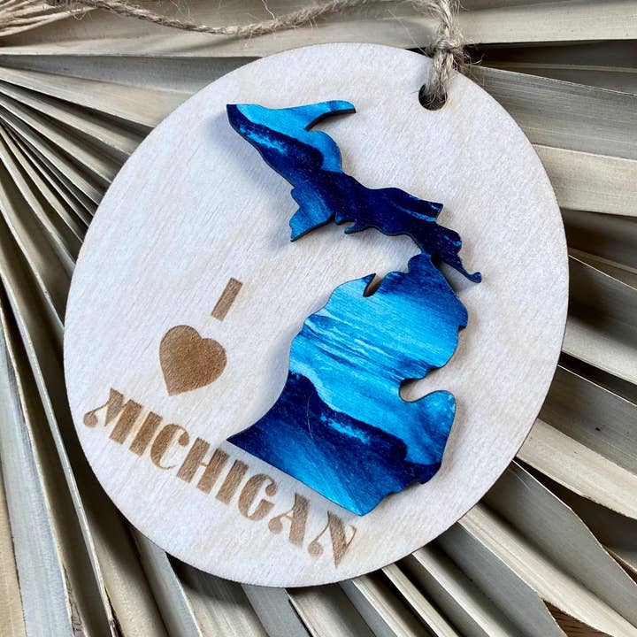 I love Michigan 3D Blue Waves Oval Wood Ornament for wholesale by Feather and Birch