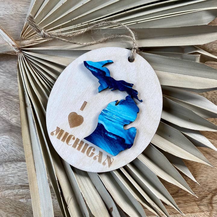 Feather and Birch - Wholesale Ornament - I love Michigan 3D Blue Waves Oval Wood Ornament