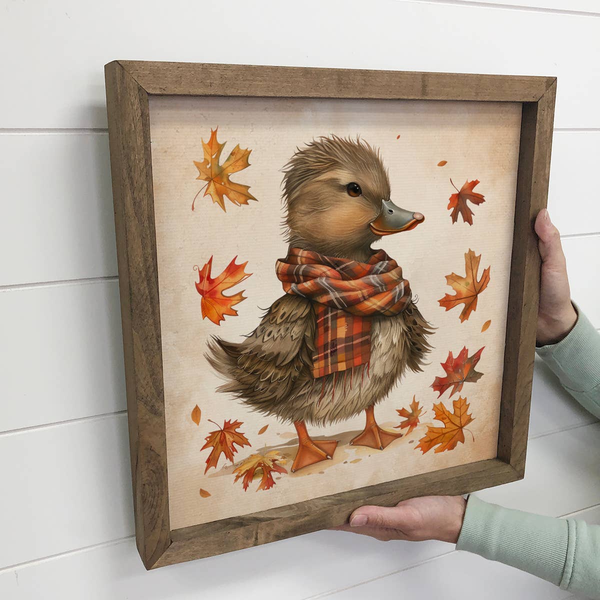 Hangout Home – wholesale Art print – Fall Flannel Duckling - Fall Duck Canvas Art - Wood Framed2