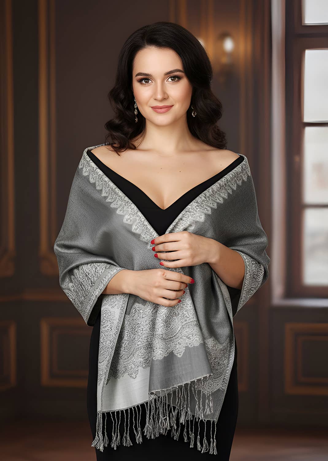 SERENITA - Wholesale Scarf - Women's - Pashmina Scarf Paisley Border Reversible Wrap Wedding Shawl 6