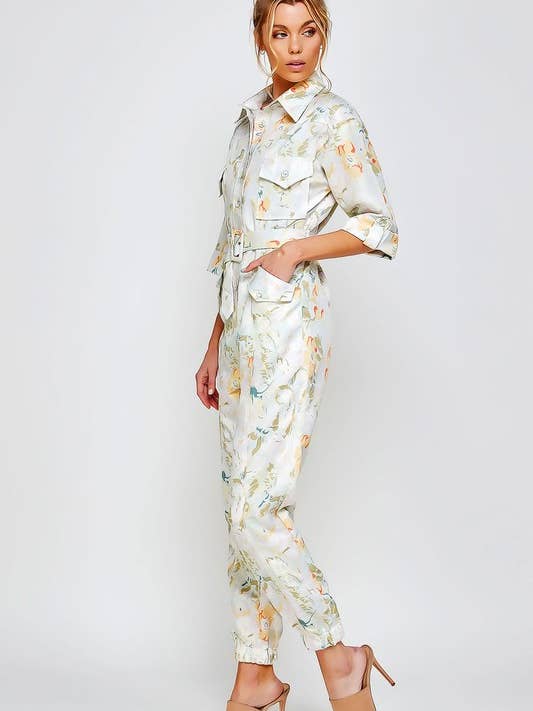Pink Irene Wholesale – wholesale Jumpsuit - Dam – BLOMMIG TRYCKKNAPP NER BESKURNA TRÖJA JUMPSUIT