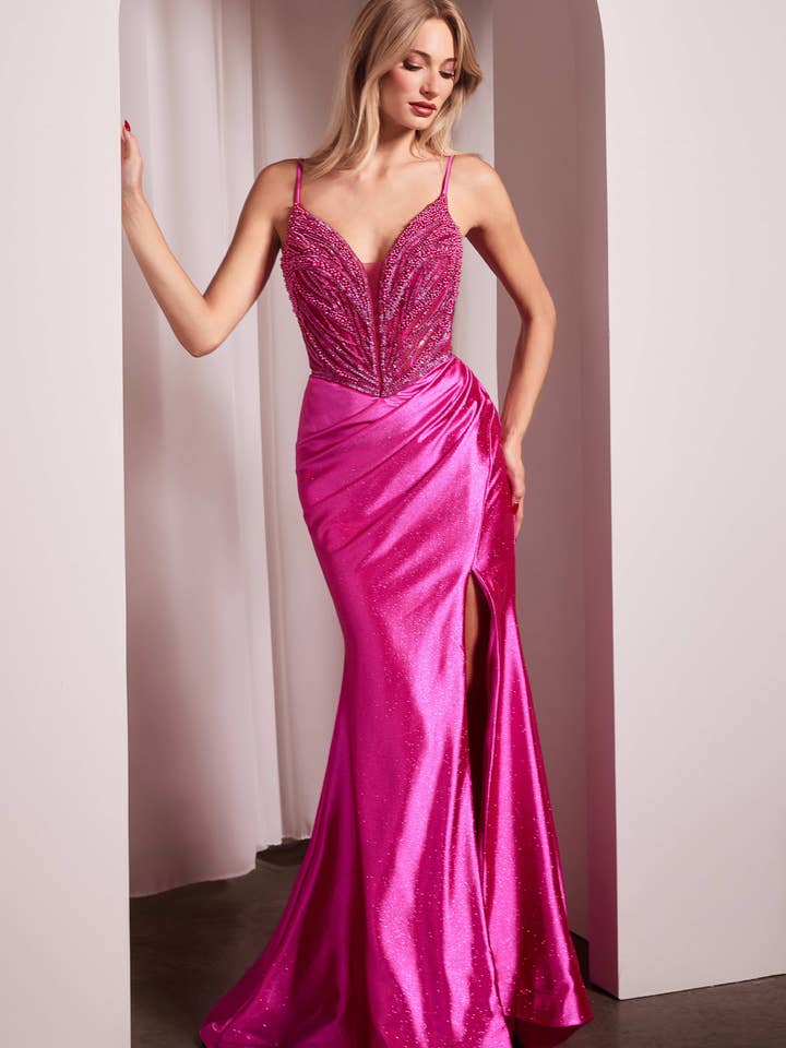 SATIN FITTED PROM DRESS WITH BEADED TOP & LEG SLIT for wholesale by Ladivine by Cinderella Divine