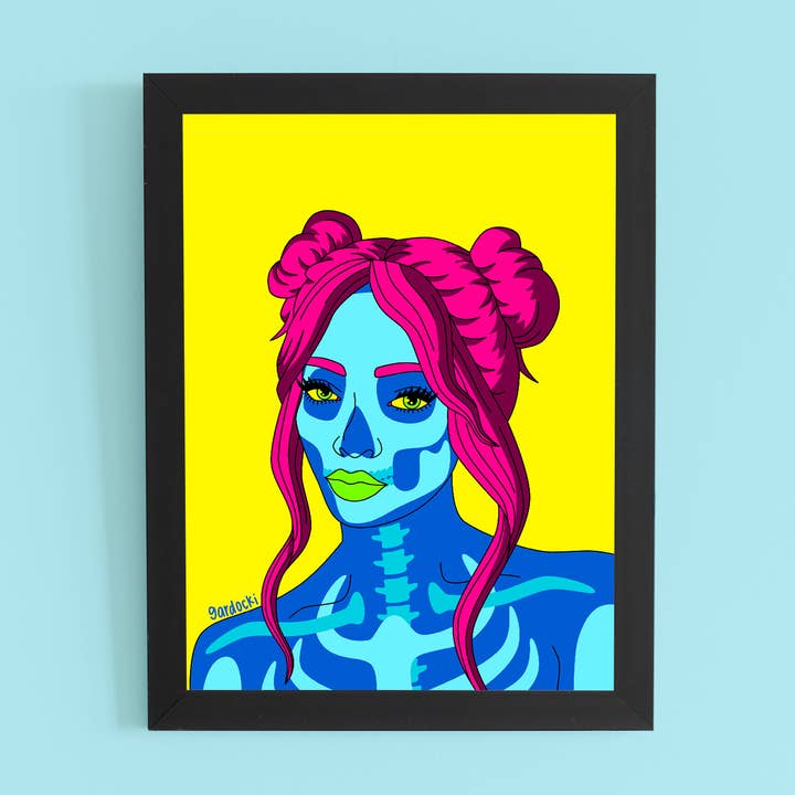 Moderner Schönheits-Kunstdruck, Frau, Skelett, Space Buns für den Großhandel von Brianna Gardocki Art