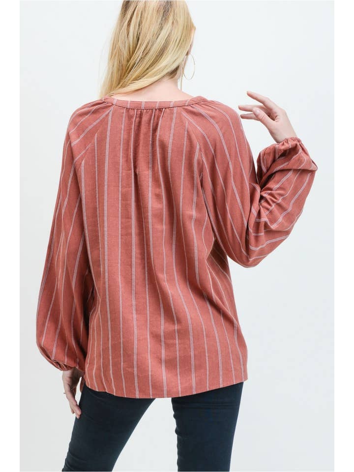 Cotton Bleu - Wholesale Blouse - Women's - Women's Striped Washed Cotton Blouse with Ladder Trim 61709W