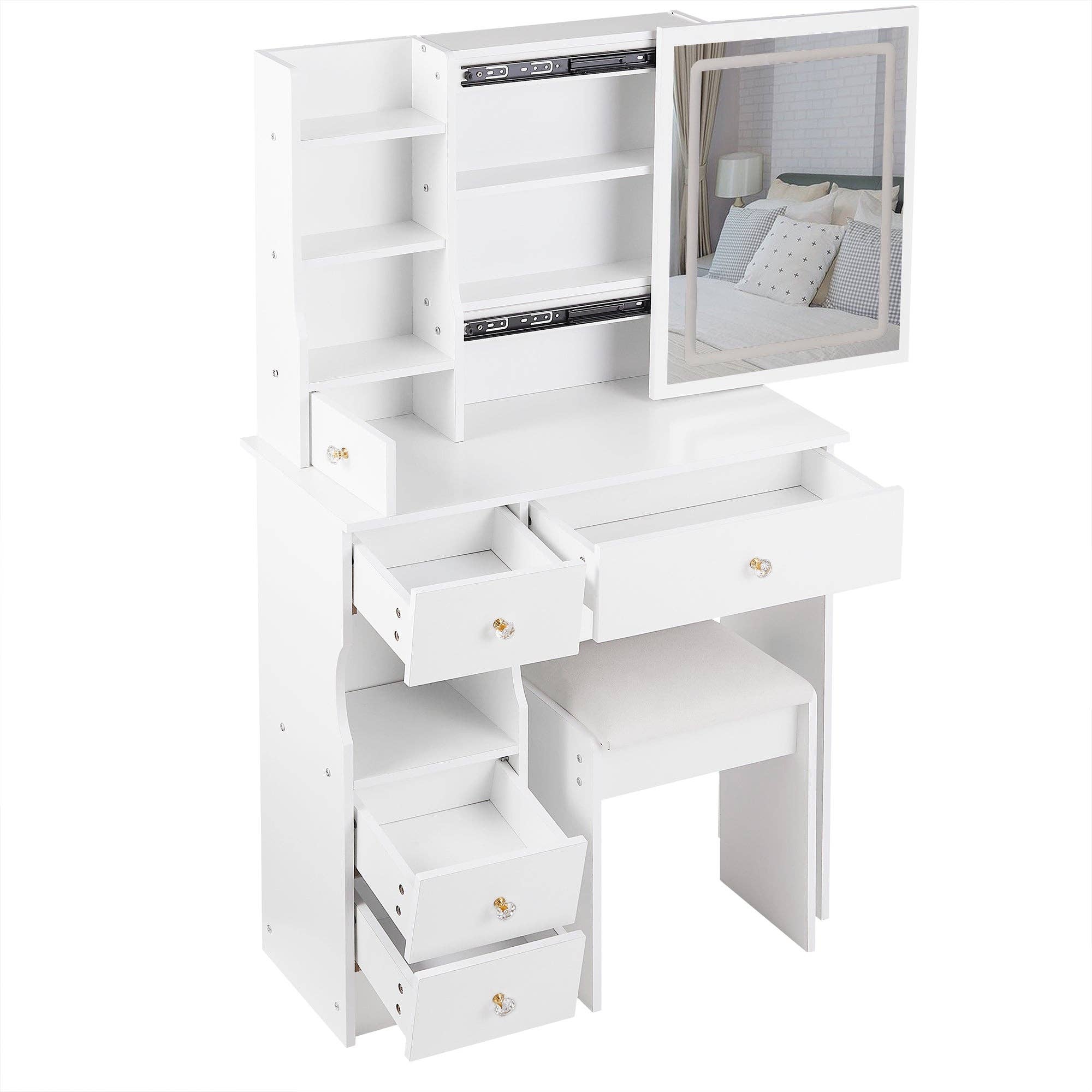 White Small Vanity Dressing Table with Padded Stool & Mirror Light for wholesale on Faire12