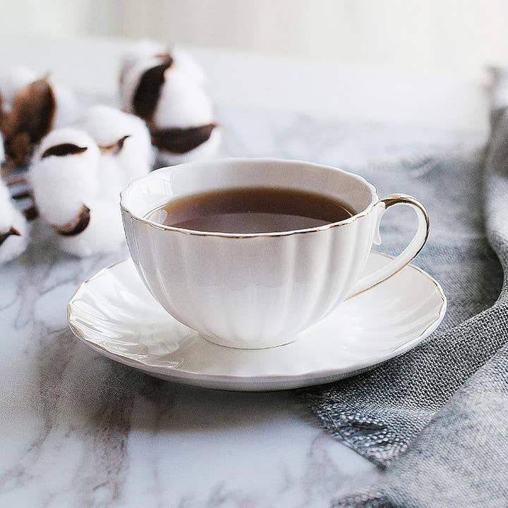 Brew To A Tea - Wholesale Tea Set - BTaT Elegant White Tea Cups Set of 6 with Gold Rim5