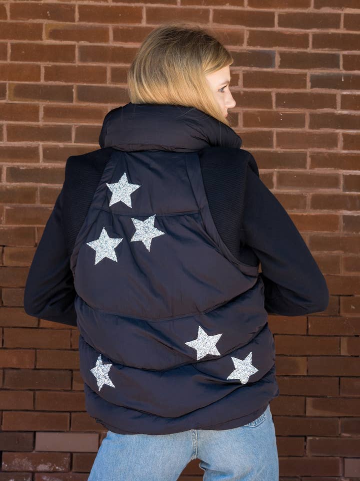 Vest, Puffer Black, Silver Stars for wholesale by Moving Forward Designs