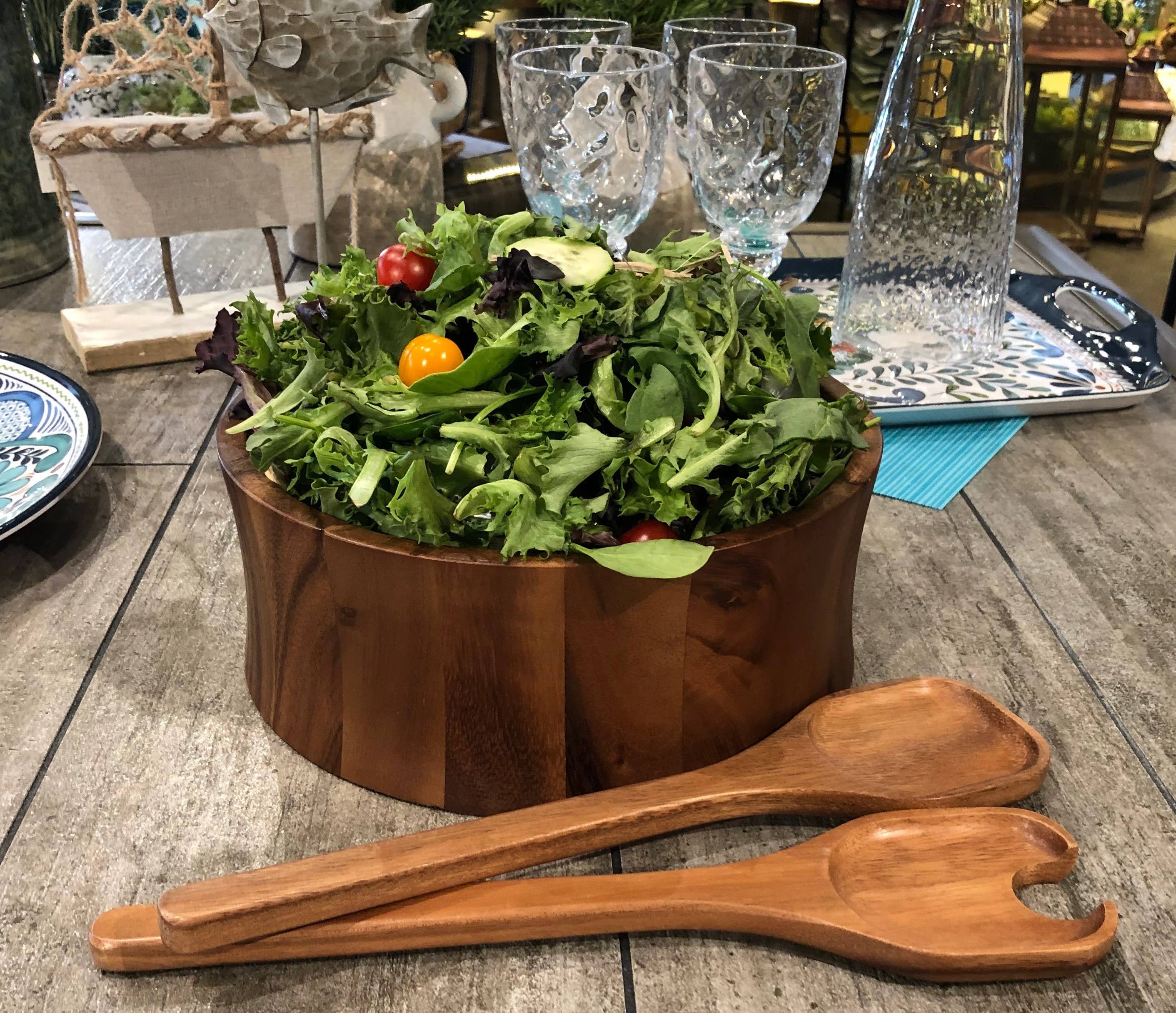 Kalmar Home - Wholesale Serve Bowl -  Large Acacia Wood Serving/Salad Bowl with Utensils – 10" 1