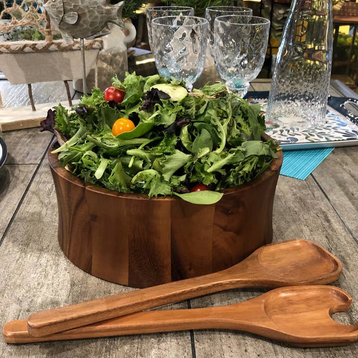 Kalmar Home - Wholesale Serve Bowl - Large Acacia Wood Serving/Salad Bowl with Utensils – 10" 1