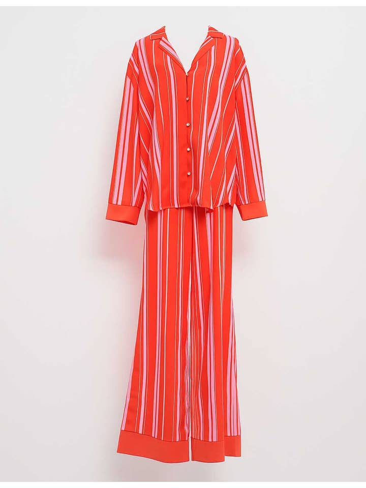 Red Ladies Striped Long Sleeves Top & Pants Lounge Set SKST5K26 for wholesale on Faire1