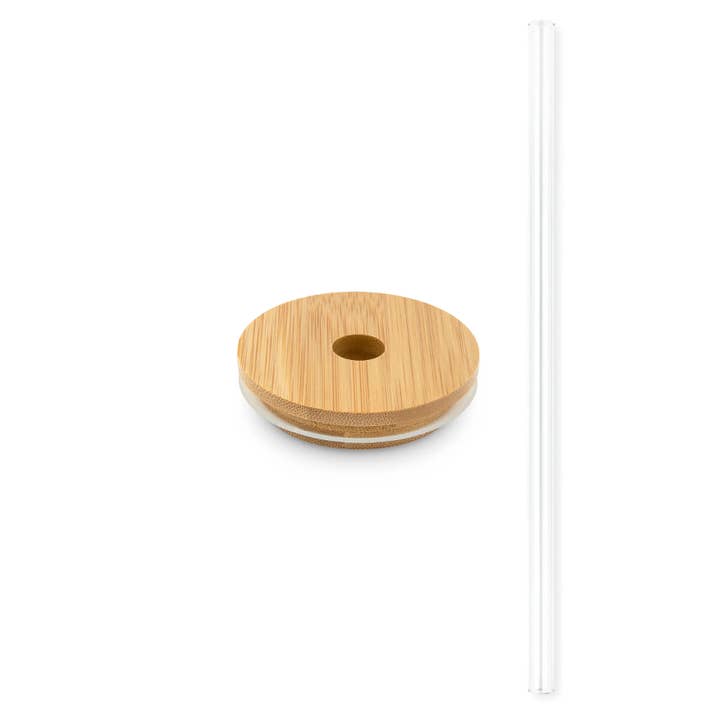 Weddingstar Inc. - Wholesale Drink Lids - Round Bamboo Lid with Straight Glass Straw - Natural