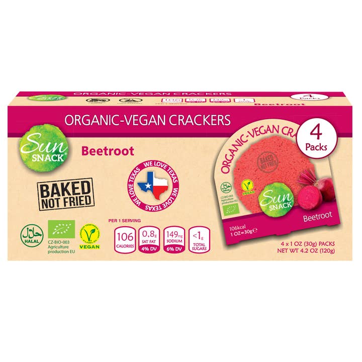 Sun Snack - Vente Biscuit salé - Craquelins à la betterave bio et végétaliens (4 x 30 g) Sachets