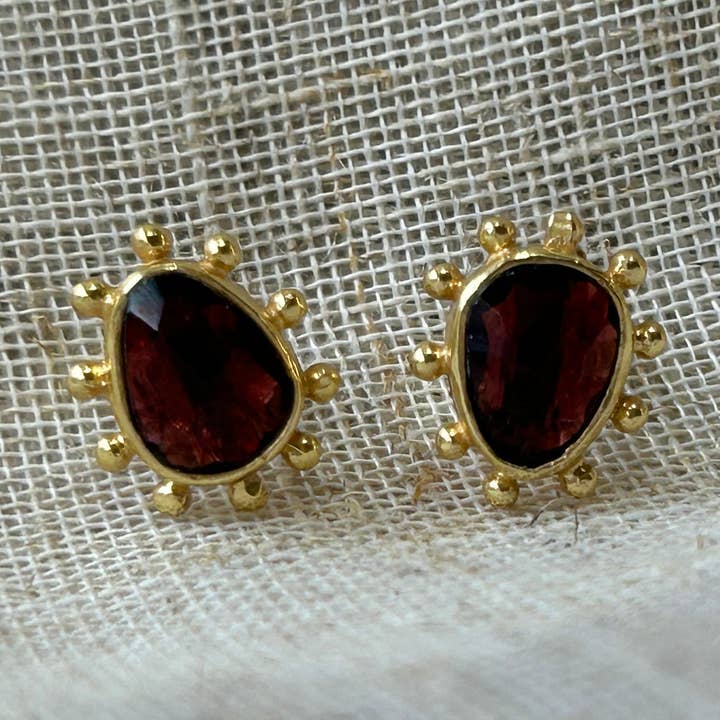 Beyond Gold Plated Dot Garnet Studs for wholesale by Kirsty Taylor Goldsmiths