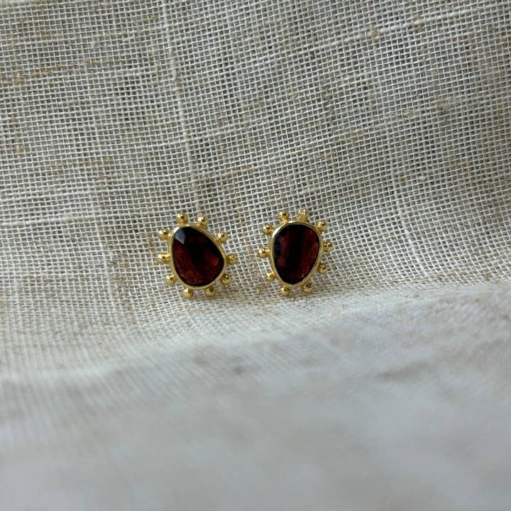 Beyond Gold Plated Dot Garnet Studs for wholesale by Kirsty Taylor Goldsmiths