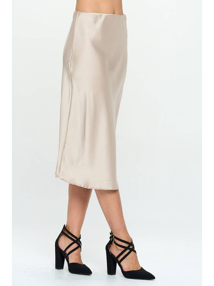 BEIGE Made in USA Solid Satin Midi Skirt for wholesale on Faire1