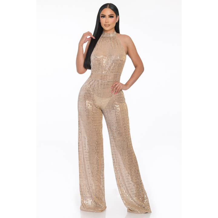 J7440 Tuta con paillettes trasparenti per la vendita all'ingrosso da parte di Uptown Apparel