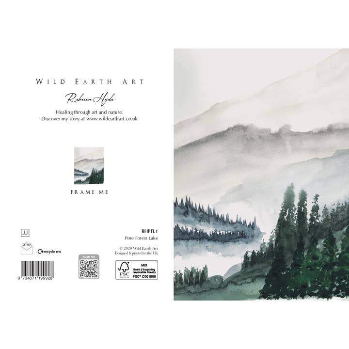 Pine Forest Lake Watercolour Greeting Card by Rebecca Hyde for wholesale by Wild Earth Art