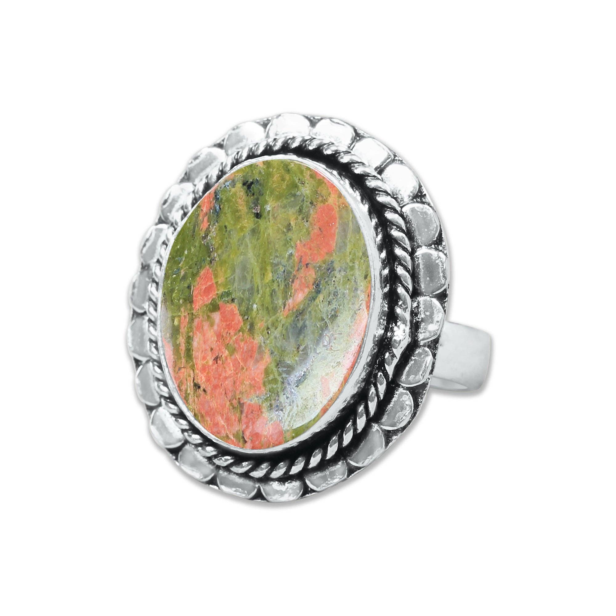 Handmade Jewels - Vente Bague de cocktail/de cérémonie - Bagues en unakite – Fait main, plaqué argent, rose-vert terreux (fabriqué sur commande)3