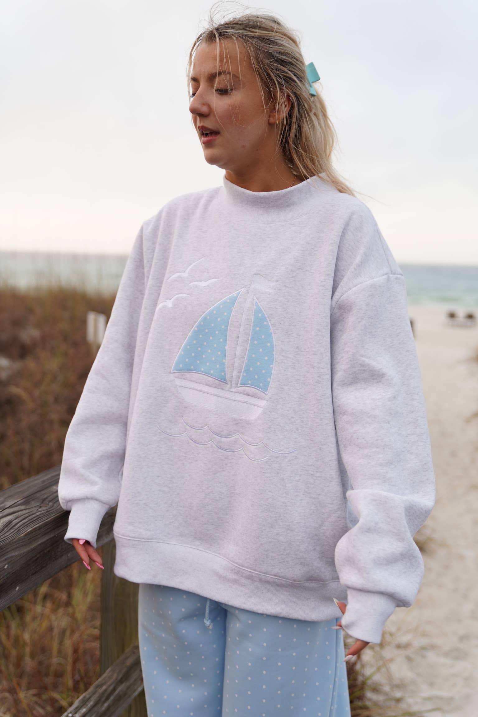 Sunkissed Coconut - Wholesale Sweatshirt - Women's - Polka Dot Sailboat Embroider Mockneck Sweatshirt2