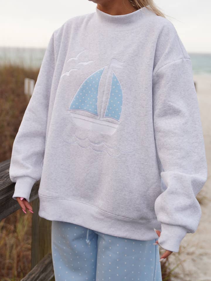 Sunkissed Coconut - Wholesale Sweatshirt - Women's - Polka Dot Sailboat Embroider Mockneck Sweatshirt2