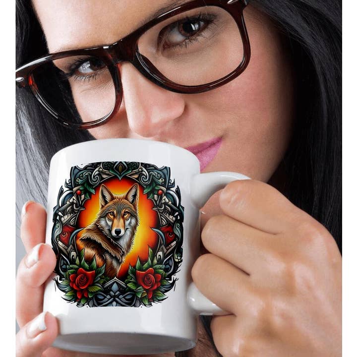 3dRose - Wholesale Coffee Mug - 3dRose, North Dakota Coyote Surrounded By Prairie Rose Tattoo Art, Mug9