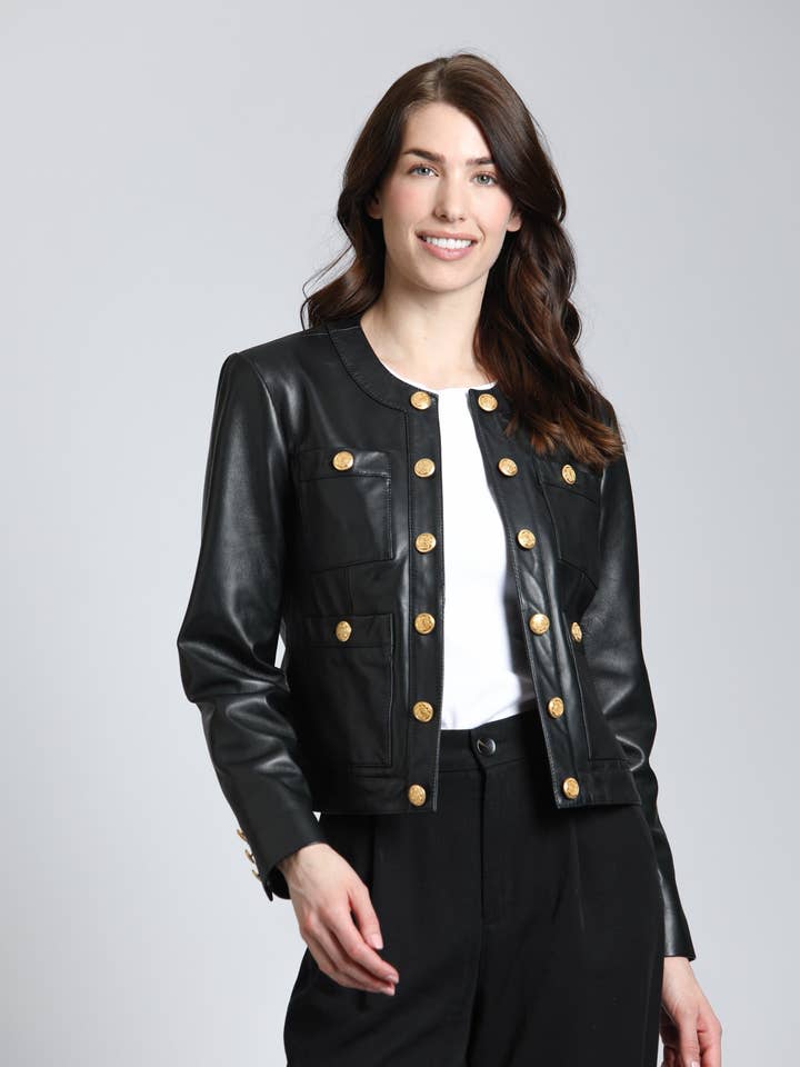 11Uptown - Vendita all'ingrosso Giacca in pelle - Donna - Giacca in pelle di agnello con bottoni dorati0