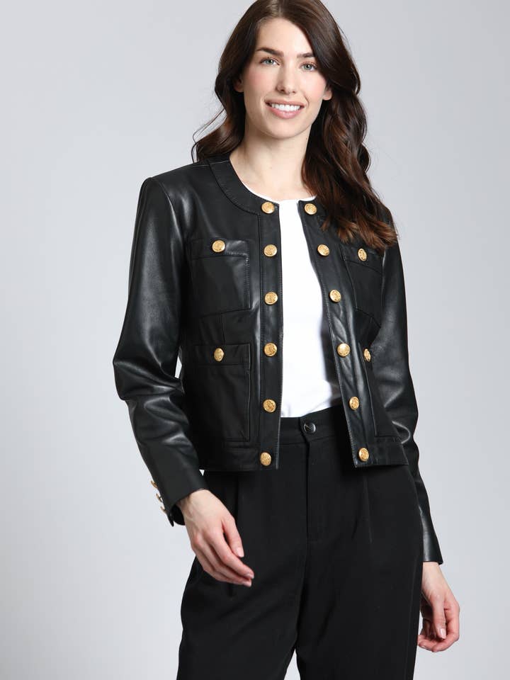 11Uptown – wholesale Leather jacket – Women′s – Lamb Leather Jacket With Gold Buttons