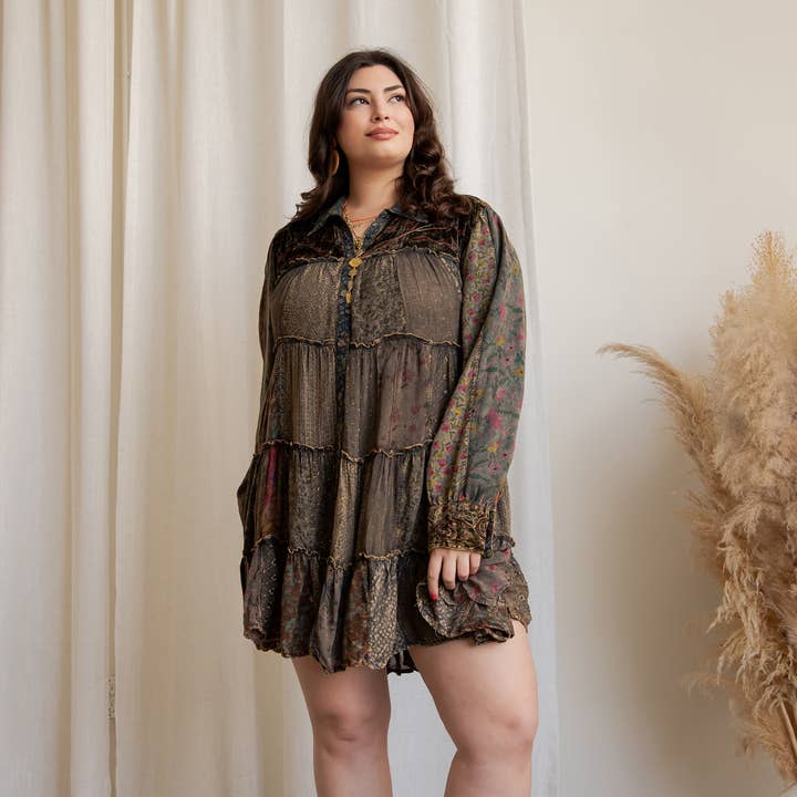 Young Threads - Wholesale Dress - Women's - Artisan Embroidered Jhabla Shirt Dress in Mixed Motifs PLUS10