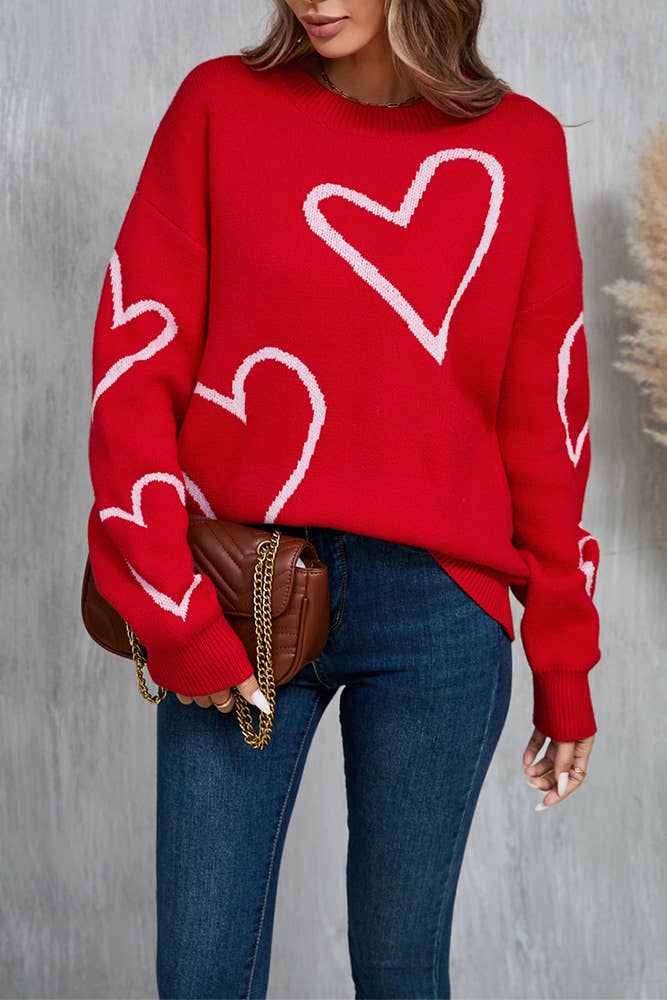 UNISHE - Wholesale Knit Sweater - Women's - Heart Valentine's Day Color Block Pullover Sweater JYYS2336