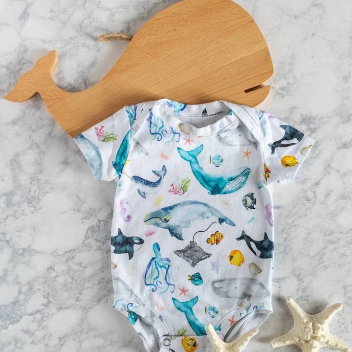 Infant bodysuit, whale bodysuit, infant romper, for wholesale by Small Blessings Design