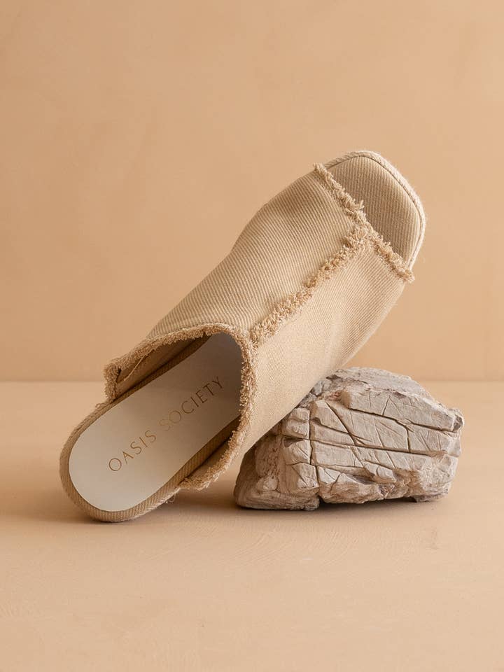 The Verona | Khaki Frayed Denim Espadrille Wedge for wholesale on Faire2