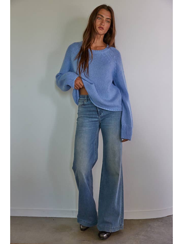 Dusty Blue W1565 | Knit Acrylic Nylon Wool Alpaca Sweater Ribbed Detail for wholesale on Faire