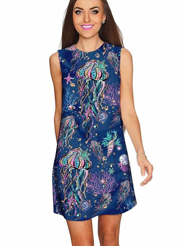 Jellyfish Adele Stunning Blue Sea Life Print Shift Dress - Women for wholesale by Pineapple Clothing