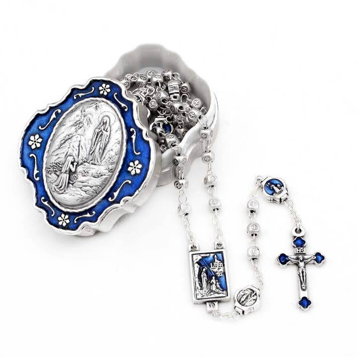Lourdes Rosary Metal Cube Beads and Enameled Box Gift Set for wholesale by RM Trading