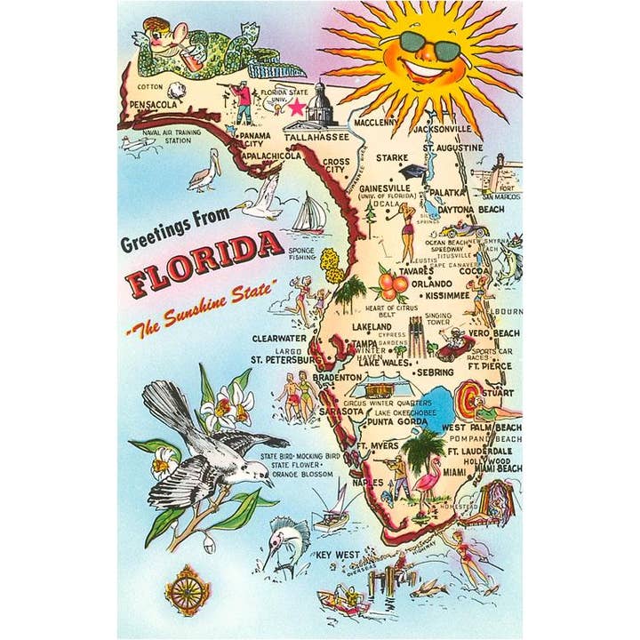 Carte de vœux FL-1456 Carte des attractions de la Floride pour la vente par Found Image Press