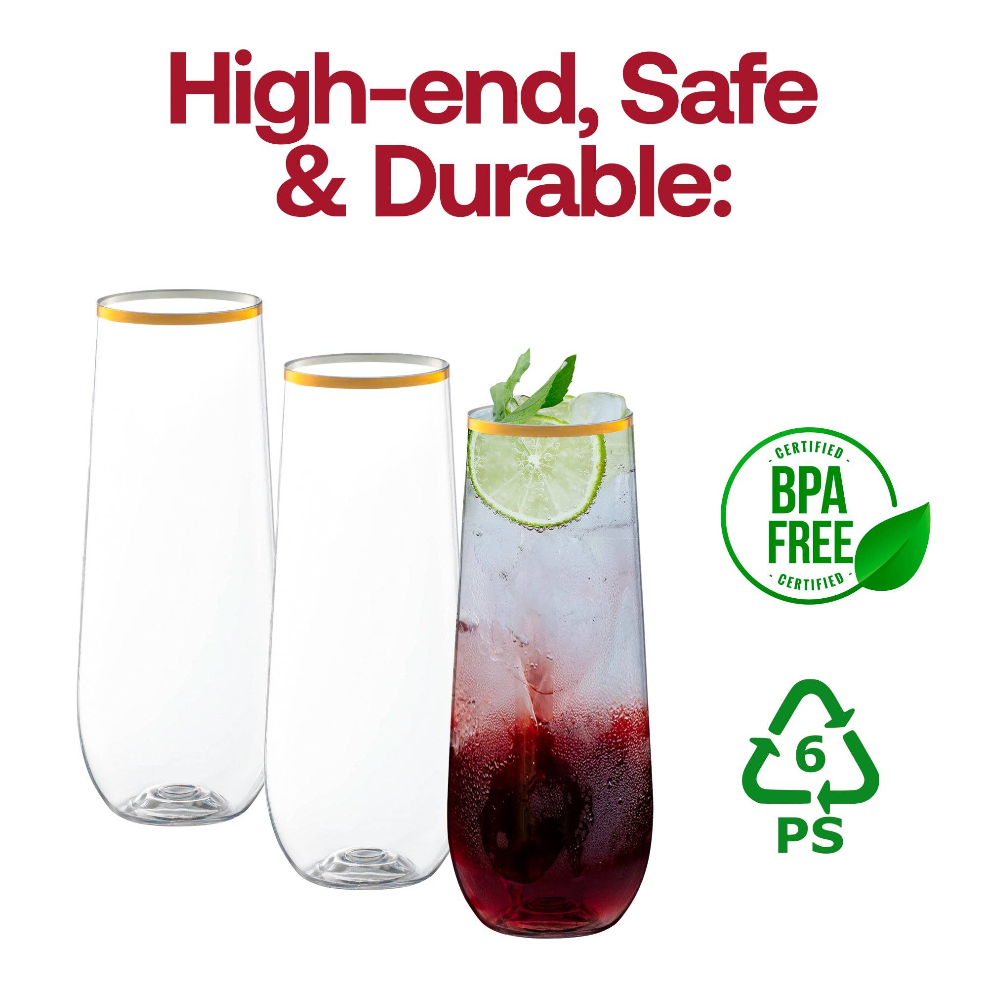 Smarty had a Party – Großhandel Champagnerflöten – 9-oz. Klare Plastik-Champagnerflöten mit goldenem Rand – 64 Stück4